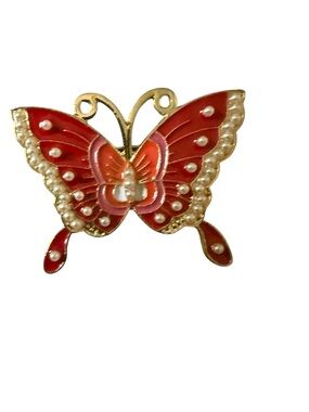 Vintage Gold-Tone Red Butterfly Brooch with Pearl Accents